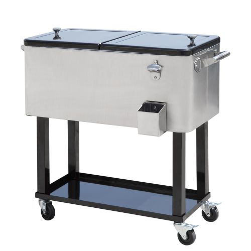 Outsunny 80 QT Rolling Cooling Bins Ice Chest on Wheels Outdoor Stand Up Drink Cooler Cart for Party, Silver