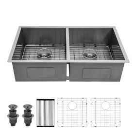 Lordear Undermount Kitchen Sink Double Bowl 18 Gauge Gunmetal Black Stainless Steel Sink (Color: Gunmetal Black, size: 33-5/5)