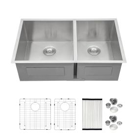 Lordear Undermount Kitchen Sink Double Bowl 18 Gauge Gunmetal Black Stainless Steel Sink (Color: Stainless Steel, size: 33-6/4)