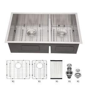 Lordear 33 Inch Undermount Sink Double Bowl 16 Gauge Stainless Steel Low Divide Kitchen Sink (size: 28-6/4)