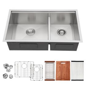 Lordear 33 Inch Undermount Workstation Sink Double Bowl 16 Gauge Stainless Steel Low Divide Kitchen Sink (size: 33-6/4)