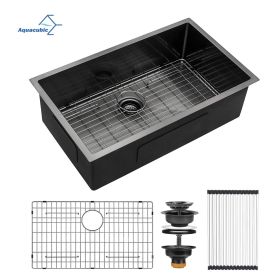 Aqucubic Large Gunmetal Black Handmade 304 Stainless Steel Undermount Kitchen Sink with Accessories (Thickness: 16 Gauge, Color: 3021A1BR10)