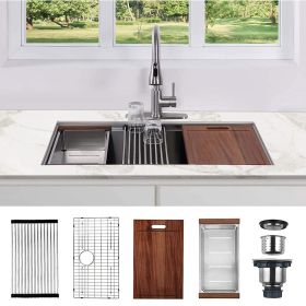 Factory Directly 30 inch or 32 inch  Multi-functional OEM Handmade SUS 304 Stainless Steel Undermount Kitchen Sink Workstation (Thickness: HK3018A1L, Straight corner: R0)
